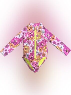 Baby Girls Floral Long-Sleeve Zipper One-Piece Swimsuit - Pink/Yellow